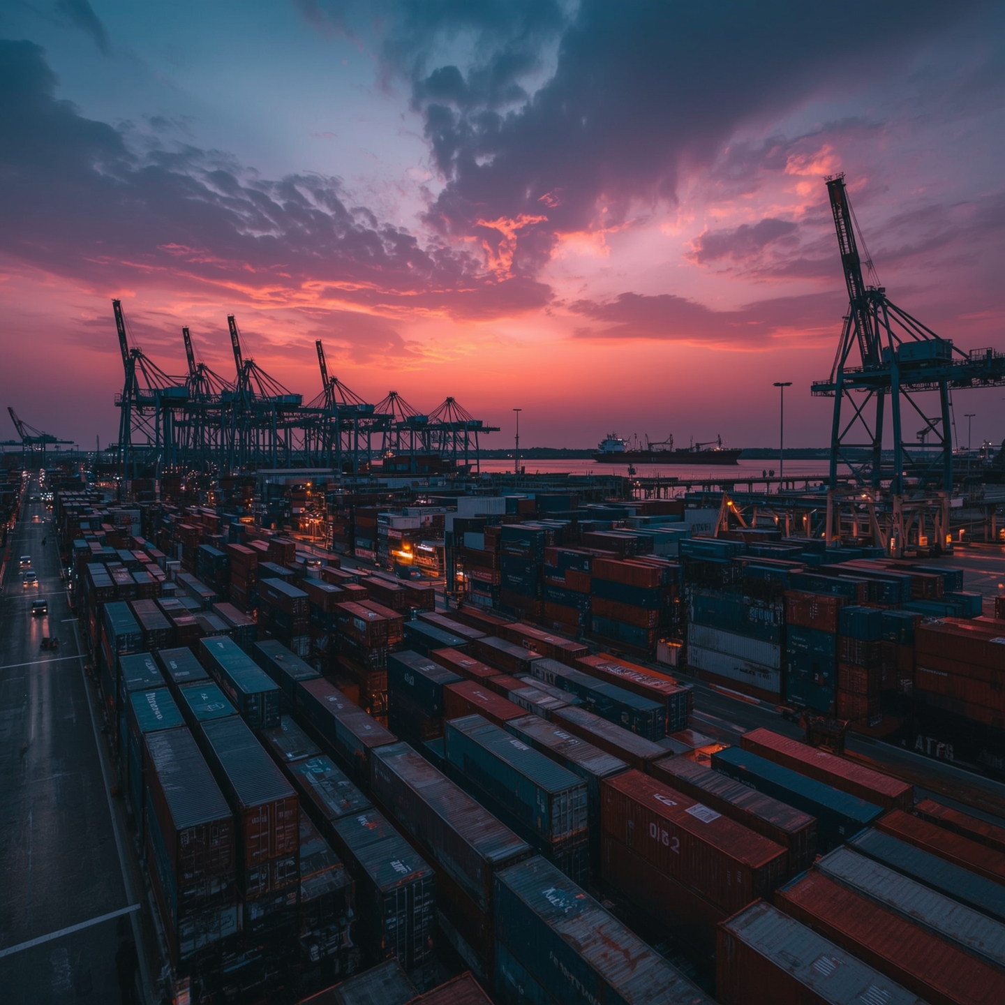 Wide-angle dusk shot of a bustling Ghana seaport